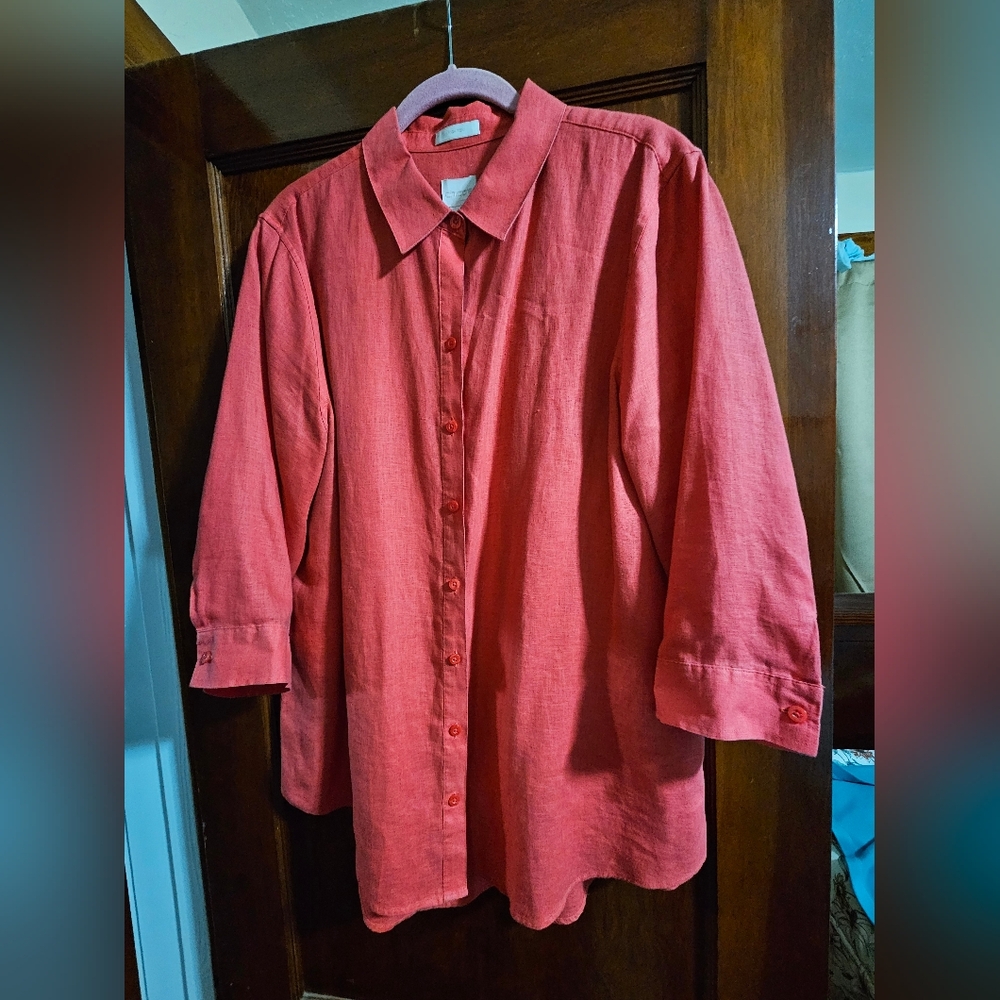 Chico's No Iron Salmon Coral Pink Red Button Down 3/4 Sleeve Blouse Size 2 Large